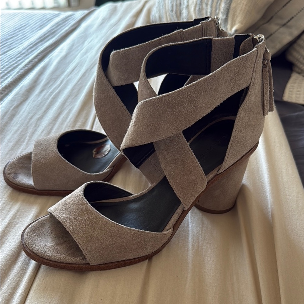 Rebecca Minkoff Suede Tan Heels with Modern Straps